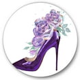 thumbnail image 1 of Designart 'Pink VIolet Roses With Dark Purple Stiletto Shoe' Traditional Circle Metal Wall Art 23x23 - Disc of 23, 1 of 5