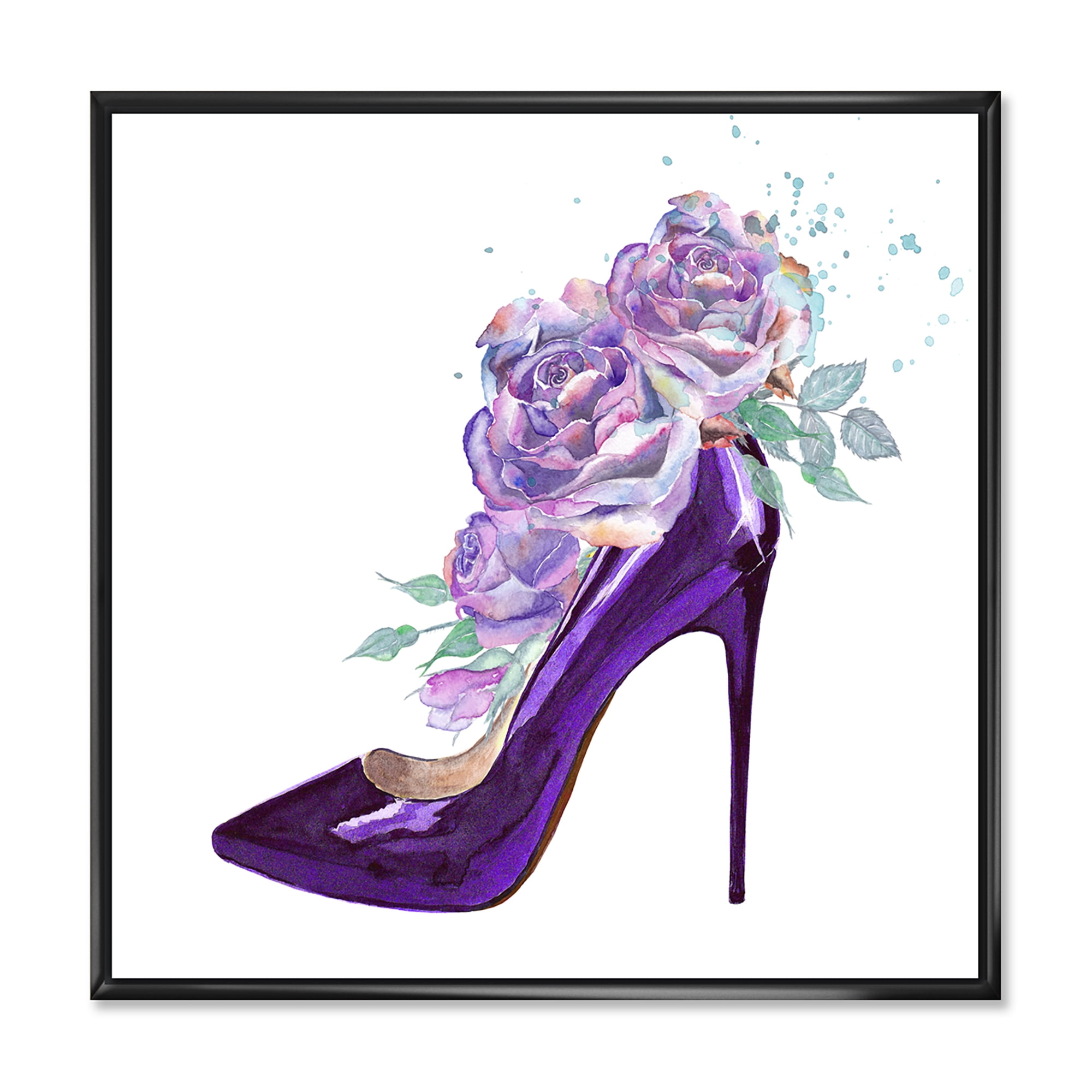 Designart 'Pink VIolet Roses With Dark Purple Stiletto Shoe' Traditional Framed Canvas Wall Art Print