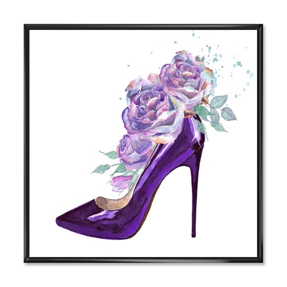Designart 'Pink VIolet Roses With Dark Purple Stiletto Shoe' Traditional Framed Canvas Wall Art Print