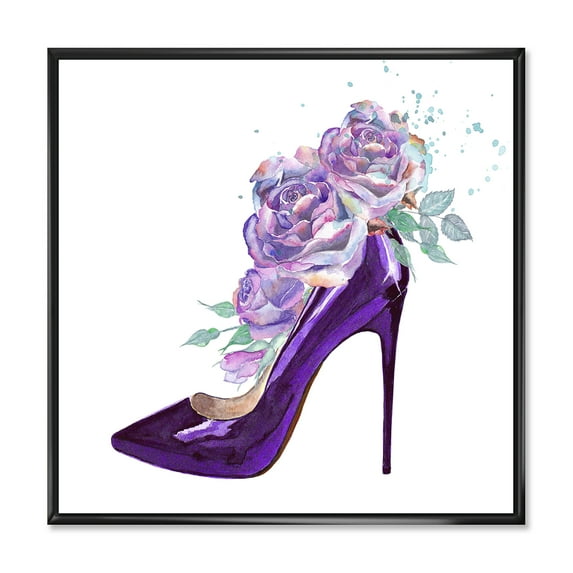 Designart 'Pink VIolet Roses With Dark Purple Stiletto Shoe' Traditional Framed Canvas Wall Art Print