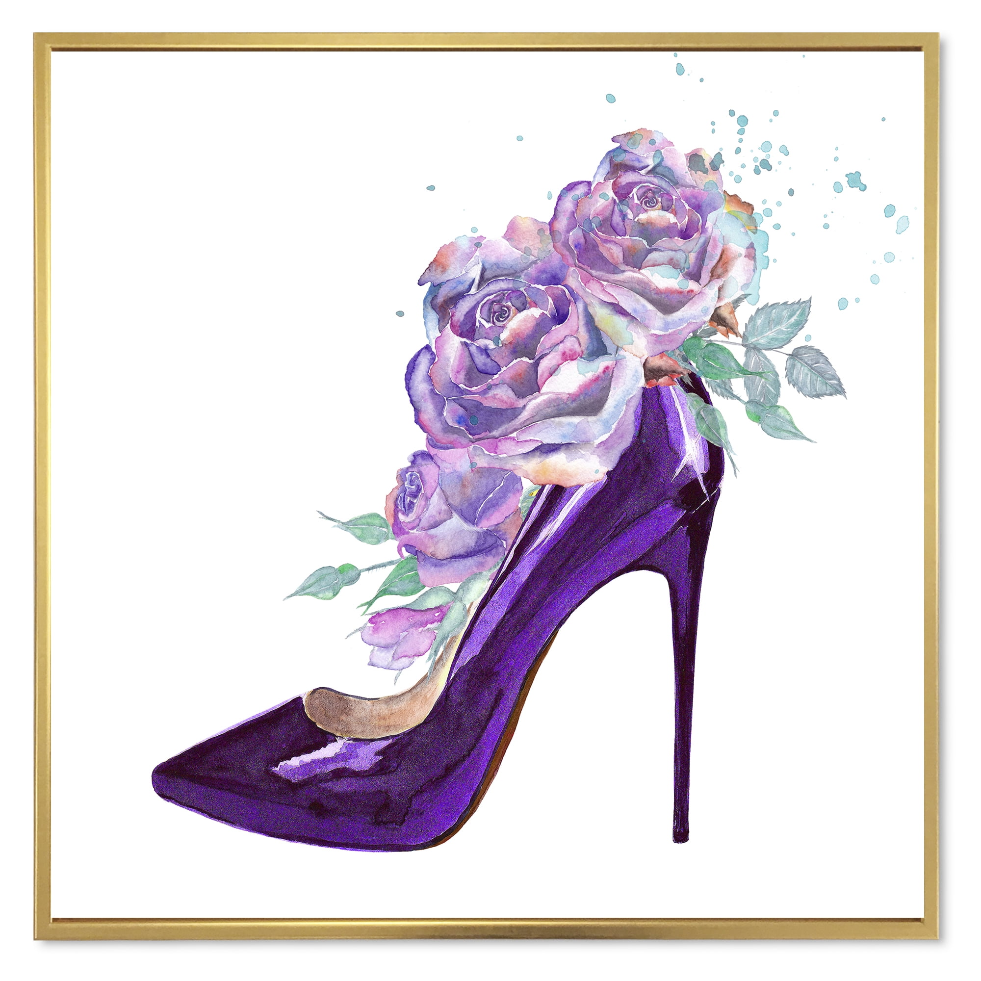 Designart 'Pink VIolet Roses With Dark Purple Stiletto Shoe' Traditional Framed Canvas Wall Art Print