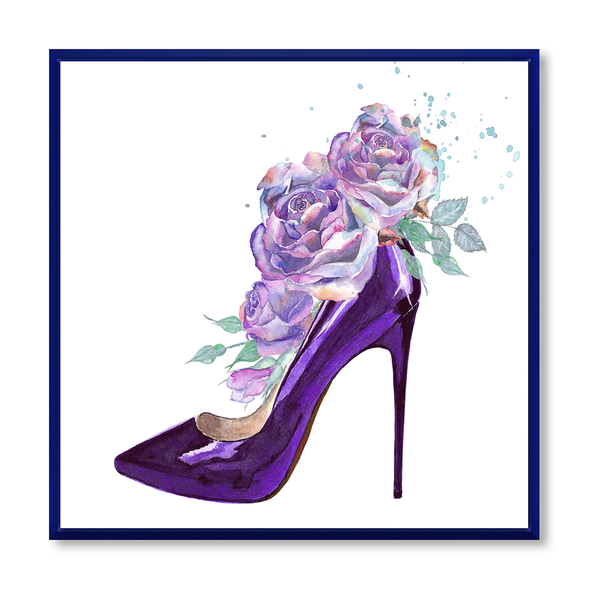 Designart 'Pink VIolet Roses With Dark Purple Stiletto Shoe' Traditional Framed Canvas Wall Art Print