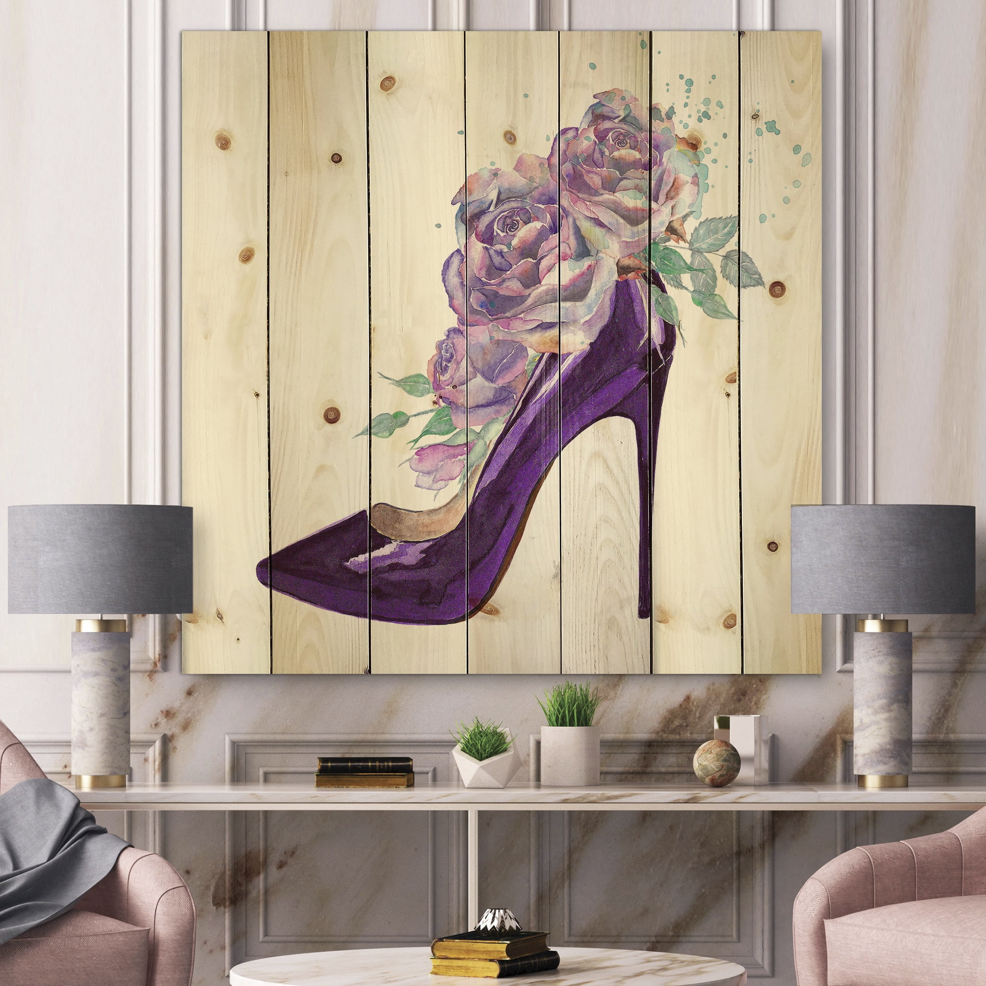 Designart 'Pink VIolet Roses With Dark Purple Stiletto Shoe' Traditional Print on Natural Pine Wood