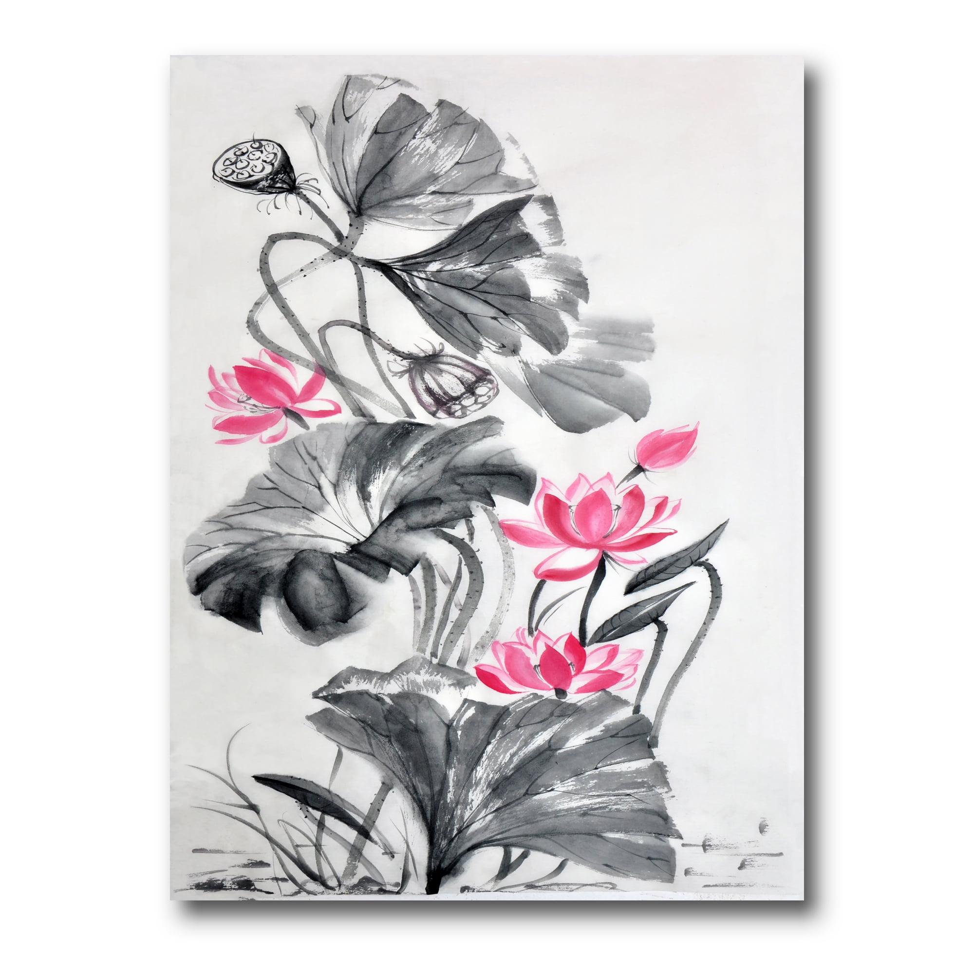 Designart ' Pink Vintage Lotus Flower and Monochrome Leaves ' Traditional Canvas Wall Art Print