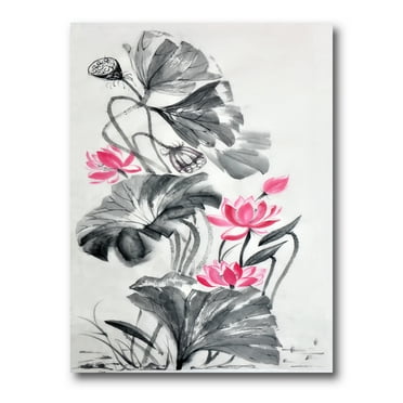 Designart ' Pink Vintage Lotus Flower and Monochrome Leaves ' Traditional Canvas Wall Art Print
