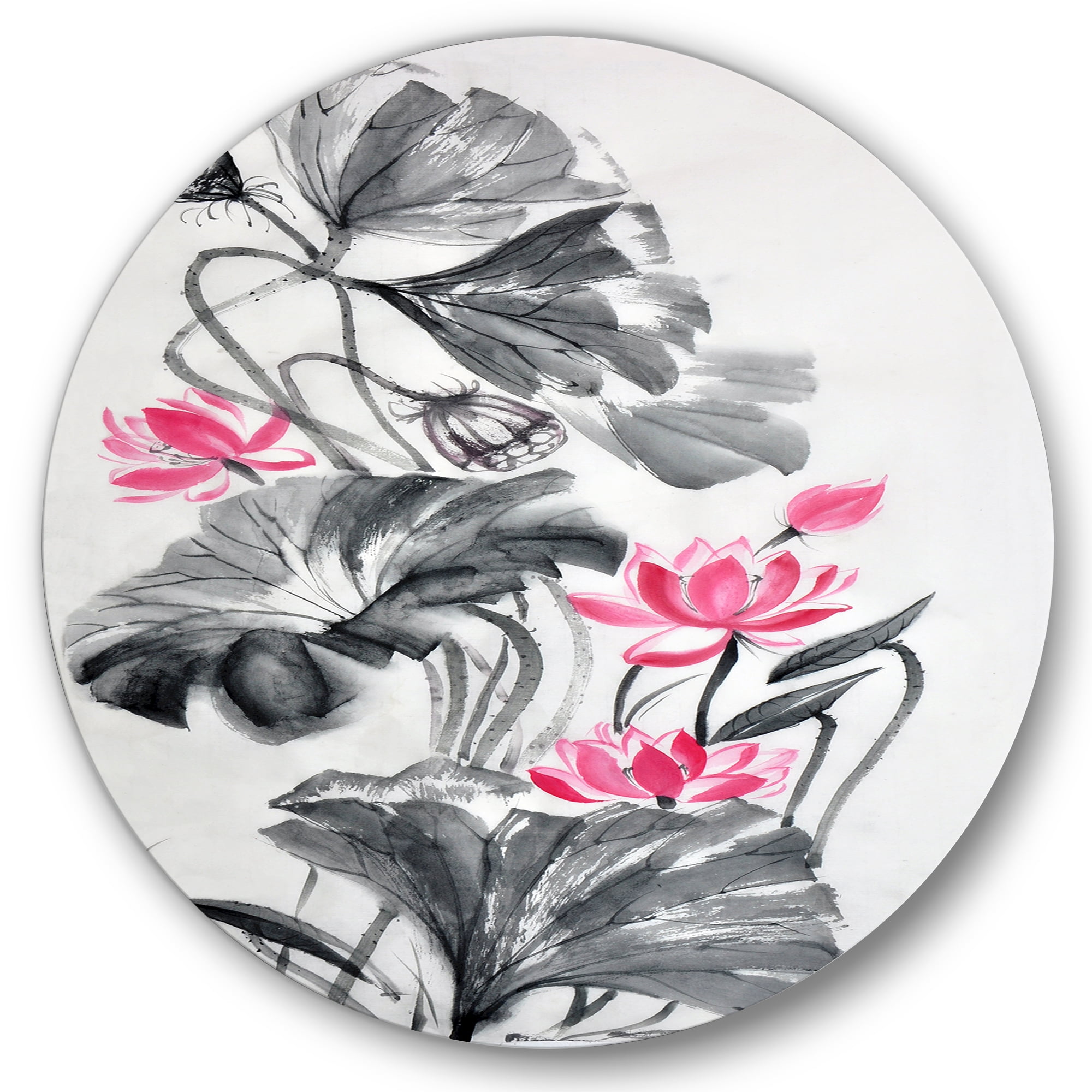 Designart 'Pink Vintage Lotus Flower and Monochrome Leaves' Traditional Circle Metal Wall Art 29x29 - Disc of 29