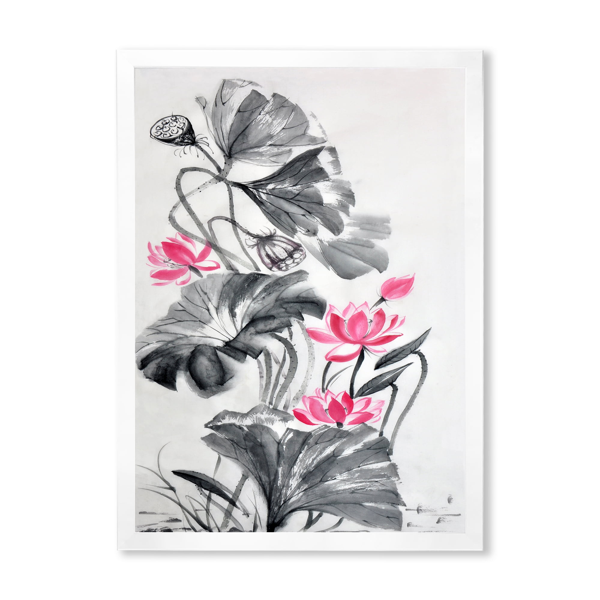 Designart 'Pink Vintage Lotus Flower and Monochrome Leaves' Traditional Framed Art Print