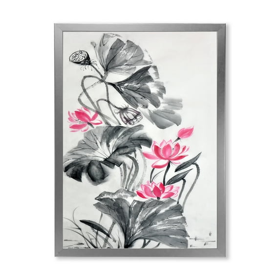 Designart 'Pink Vintage Lotus Flower and Monochrome Leaves' Traditional Framed Art Print