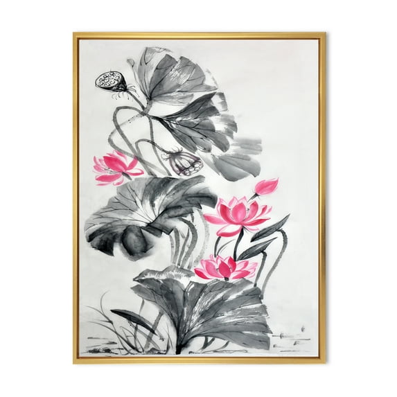 Designart 'Pink Vintage Lotus Flower and Monochrome Leaves' Traditional Framed Canvas Wall Art Print