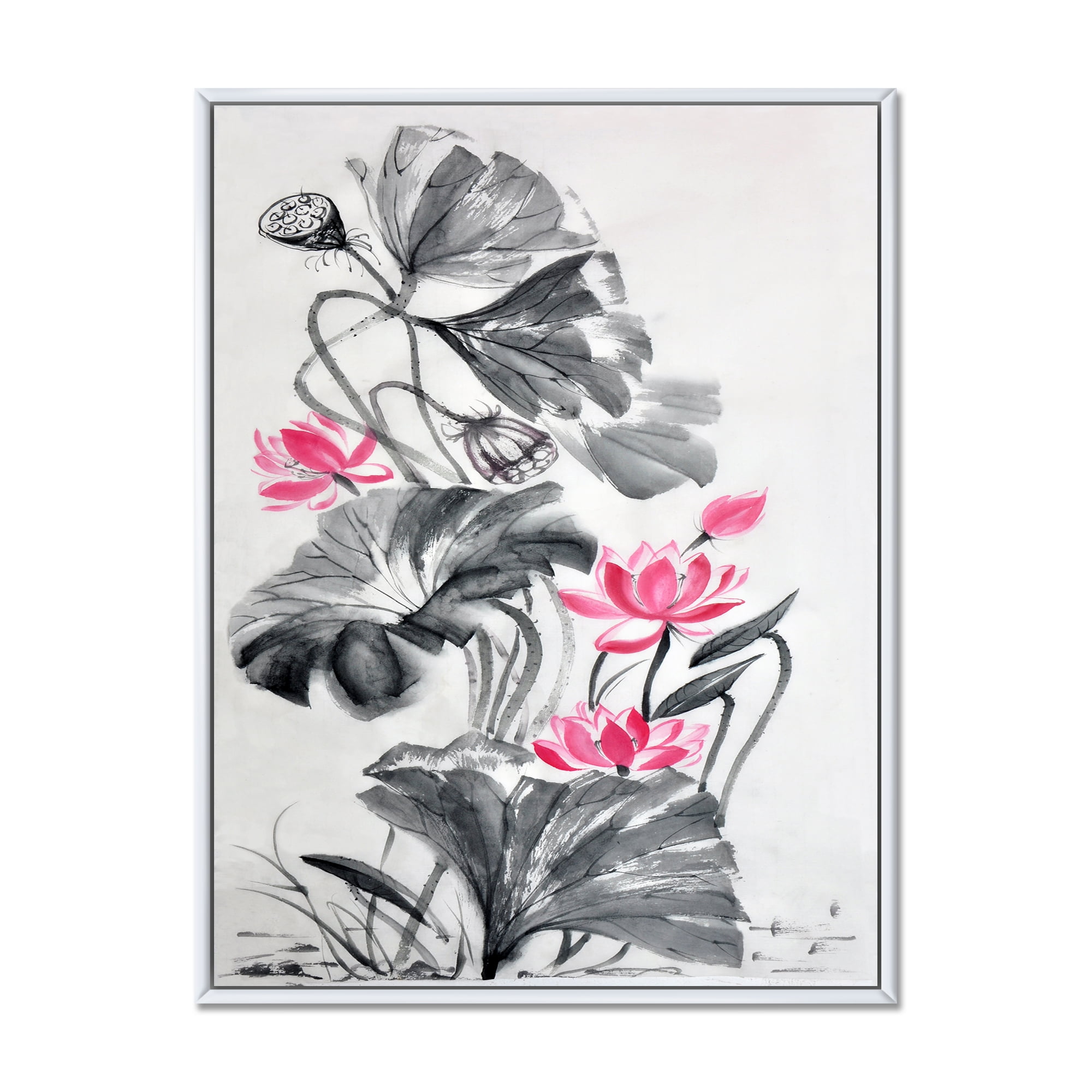 Designart 'Pink Vintage Lotus Flower and Monochrome Leaves' Traditional Framed Canvas Wall Art Print