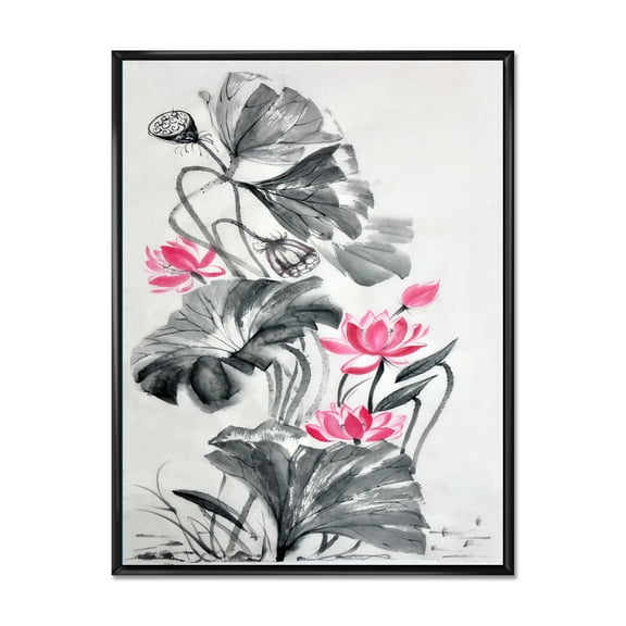 Designart 'Pink Vintage Lotus Flower and Monochrome Leaves' Traditional Framed Canvas Wall Art Print