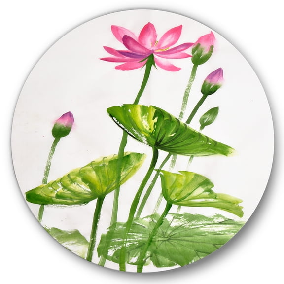 Designart 'Pink Vintage Lotuses In The Pond VII' Traditional Circle Metal Wall Art 36x36 - Disc of 36
