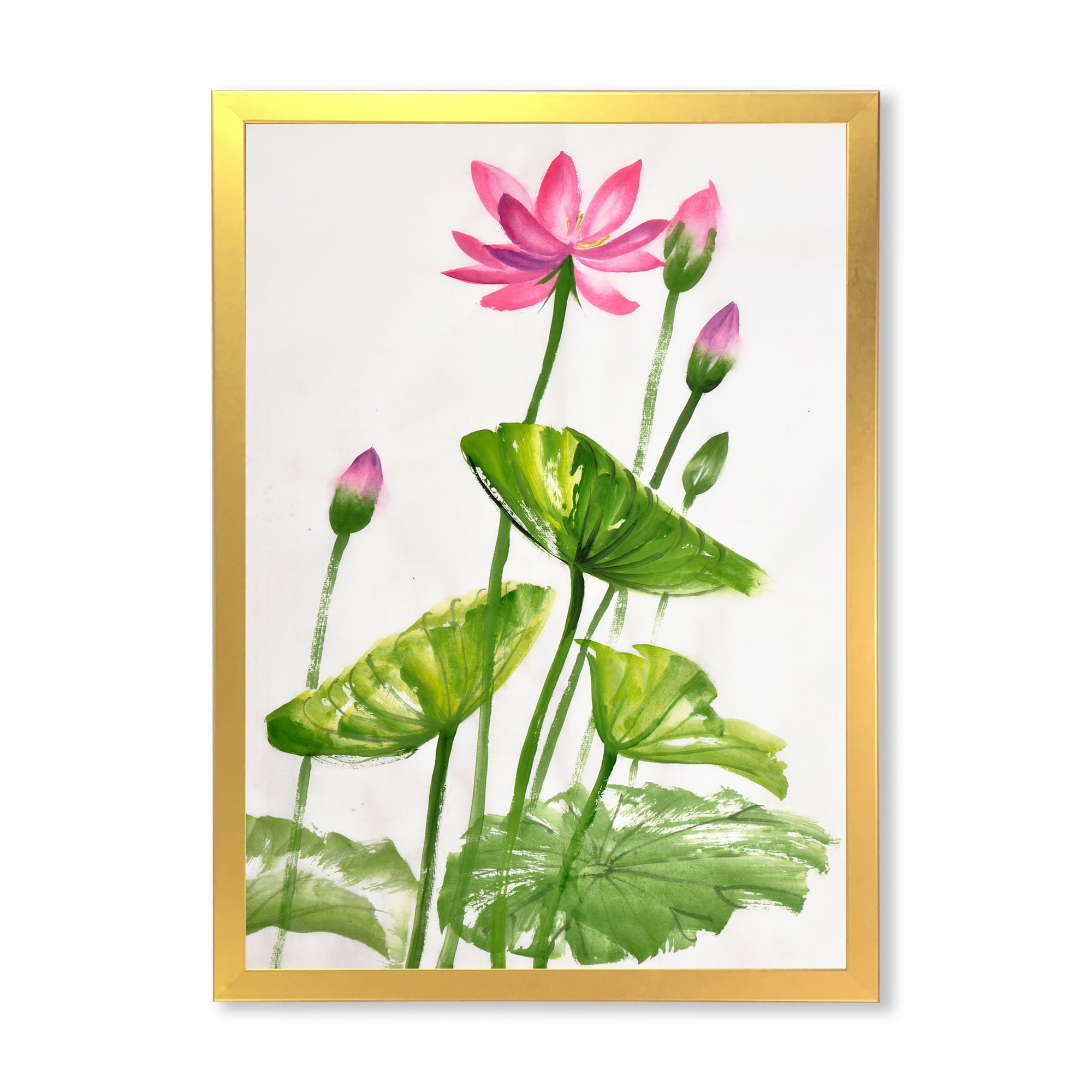 Designart 'Pink Vintage Lotuses In The Pond VII' Traditional Framed Art Print