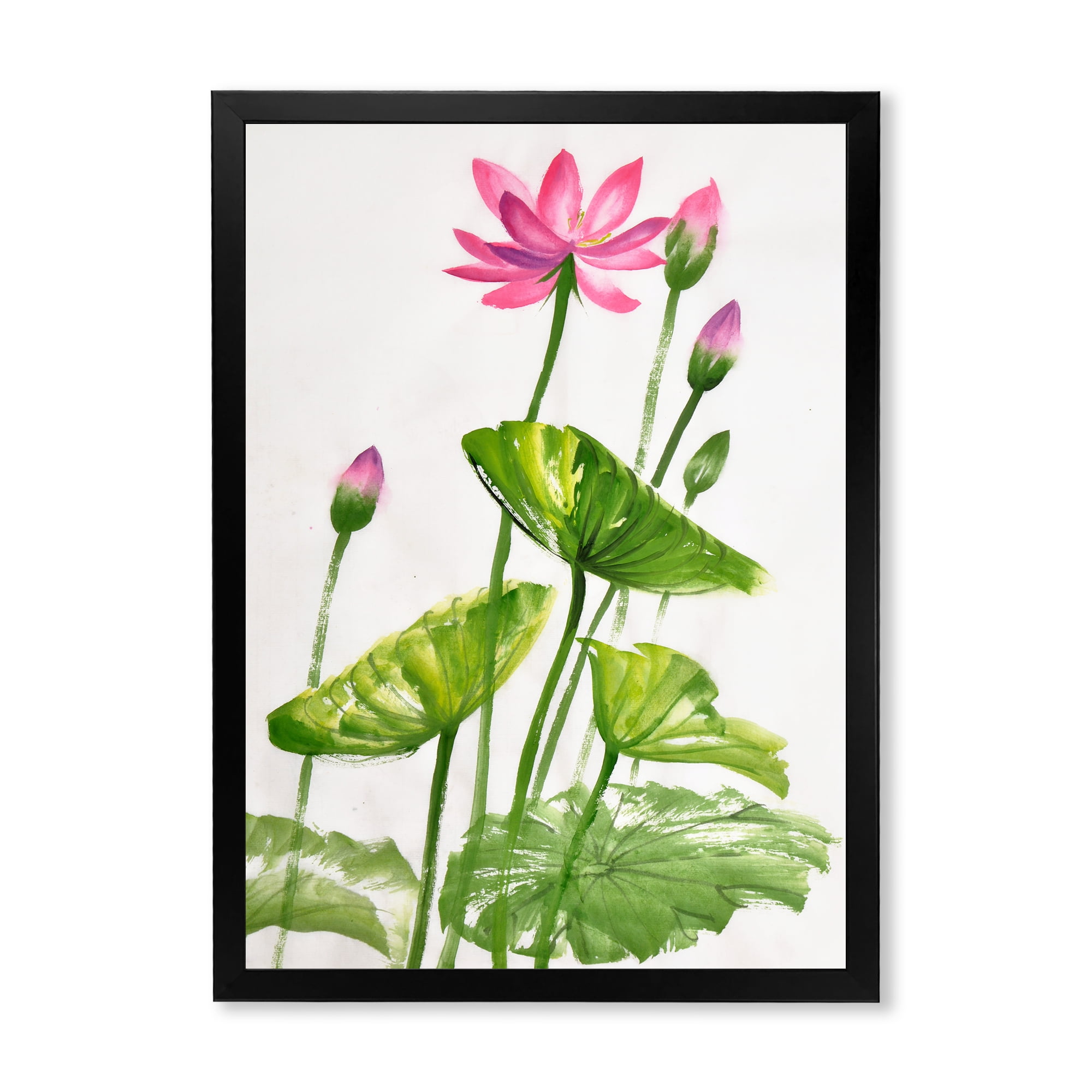 Designart 'Pink Vintage Lotuses In The Pond VII' Traditional Framed Art Print