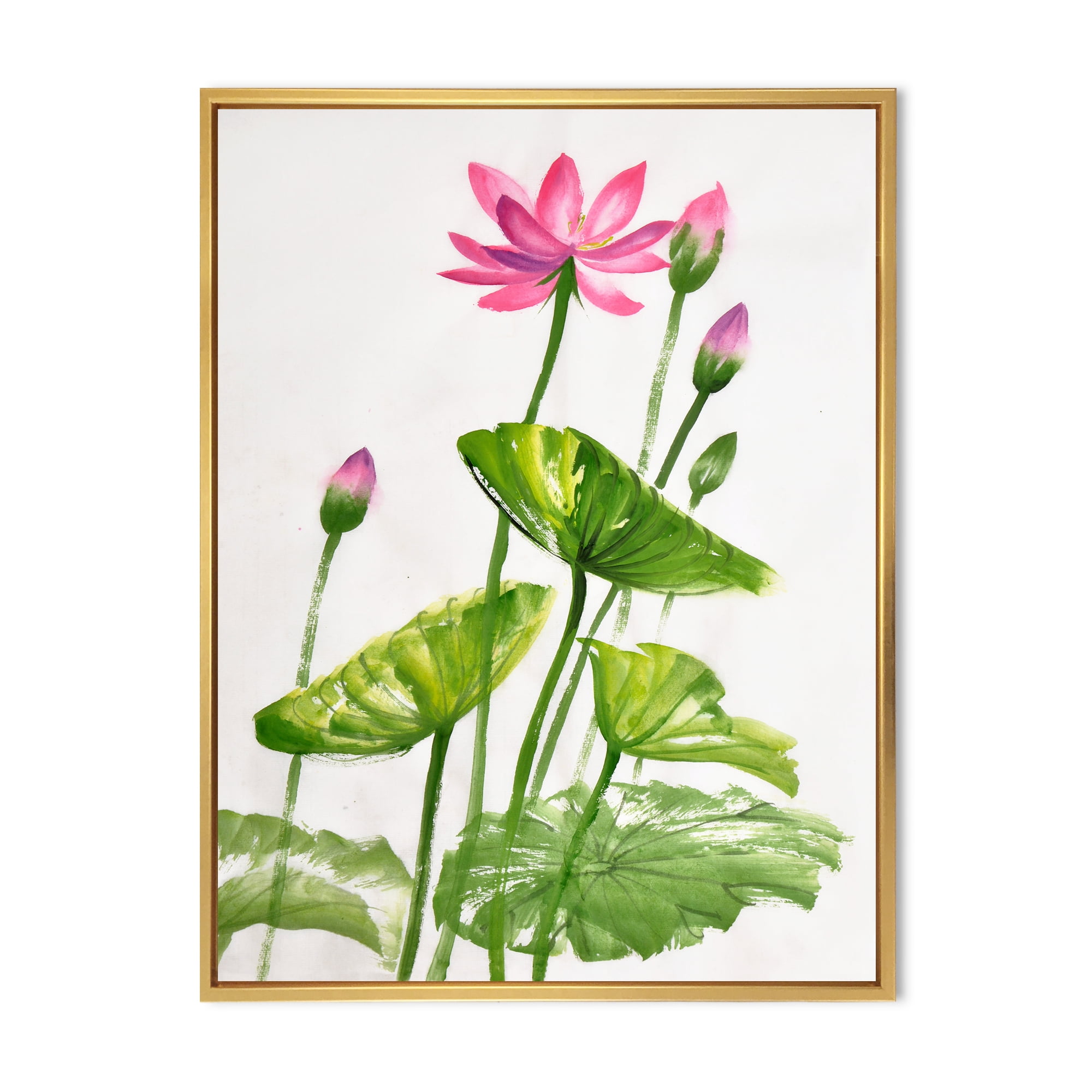 Designart 'Pink Vintage Lotuses In The Pond VII' Traditional Framed Canvas Wall Art Print