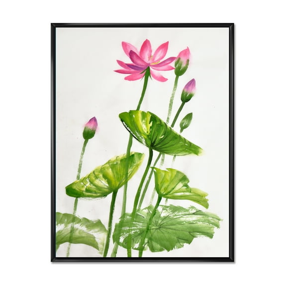 Designart 'Pink Vintage Lotuses In The Pond VII' Traditional Framed Canvas Wall Art Print