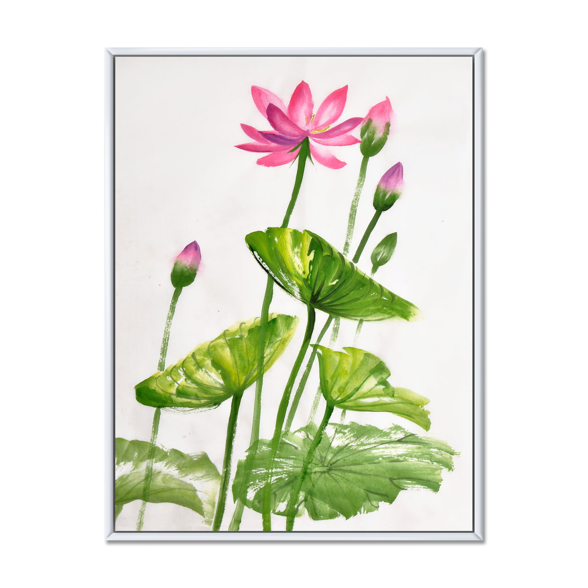 Designart 'Pink Vintage Lotuses In The Pond VII' Traditional Framed Canvas Wall Art Print