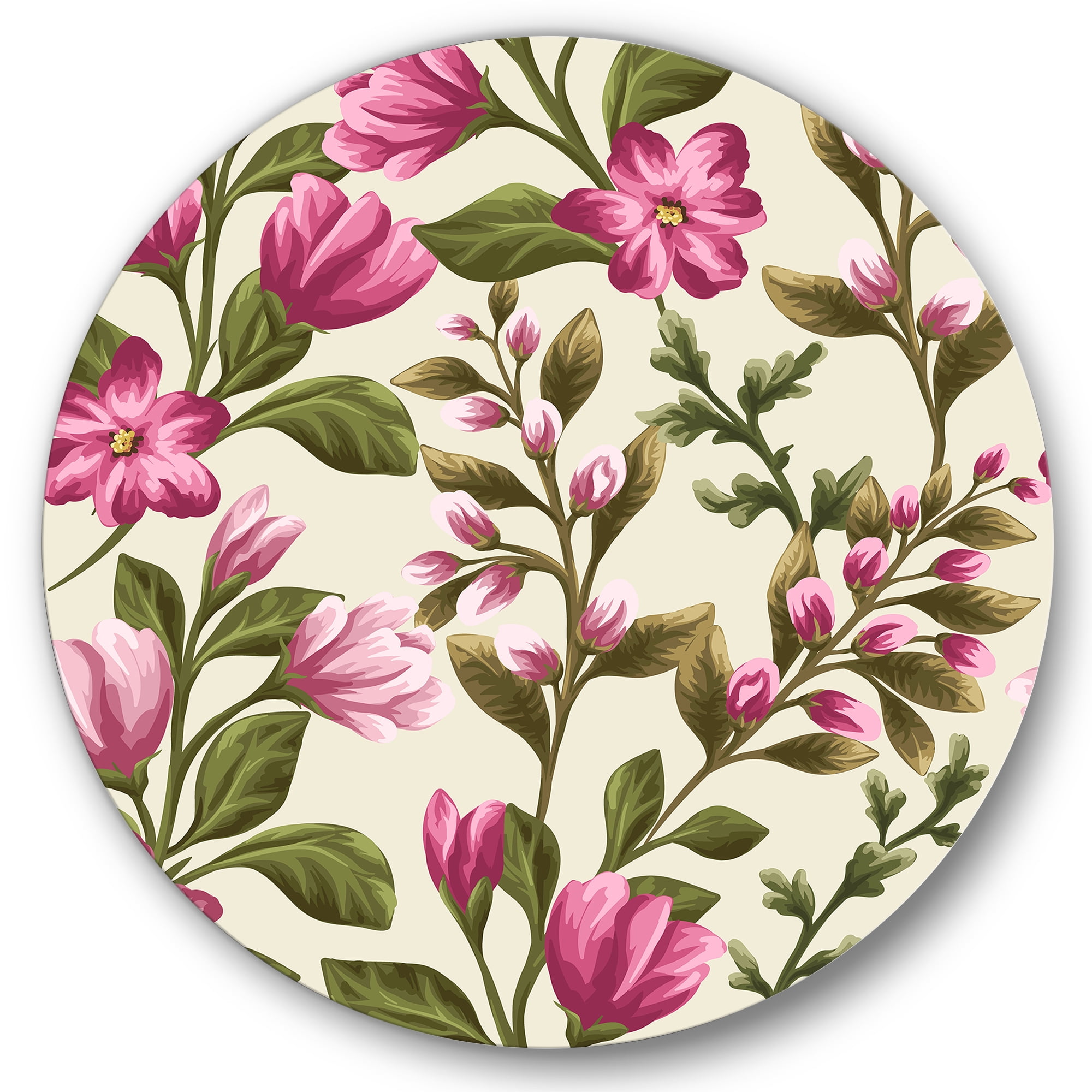 Designart 'Pink Vintage Wildflowers' Traditional Circle Metal Wall Art 11x11 - Disc of 11