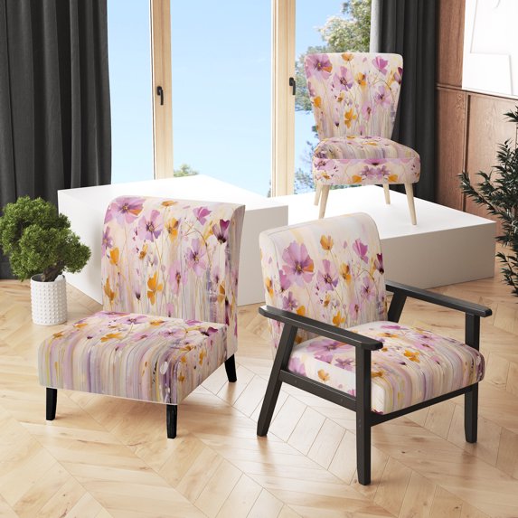 Designart "Pink Whimsical Wildflowers II" Upholstered Abstract Botanicals Accent Chair and Modern & Contemporary Arm Chair - Multiple Color & Pattern