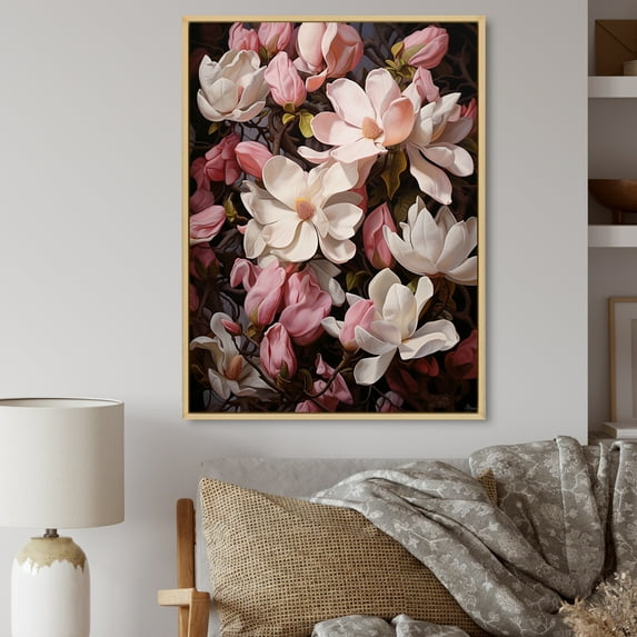Designart "Pink White Magnolias Magnolia Beauty " Floral Floater Framed Canvas Print