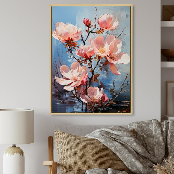 Designart "Pink White Magnolias Representation Colorfuled Acrylic I" Floral Floater Framed Wall Decor