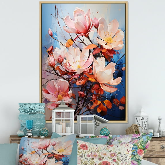 Designart "Pink White Magnolias Representation Colorfuled Acrylic II" Floral Floater Framed Canvas Art Print