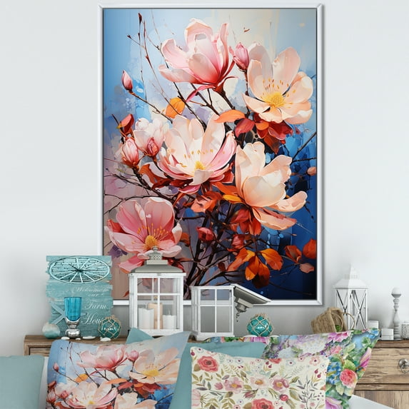 Designart "Pink White Magnolias Representation Colorfuled Acrylic II" Floral Floater Framed Canvas Art Print