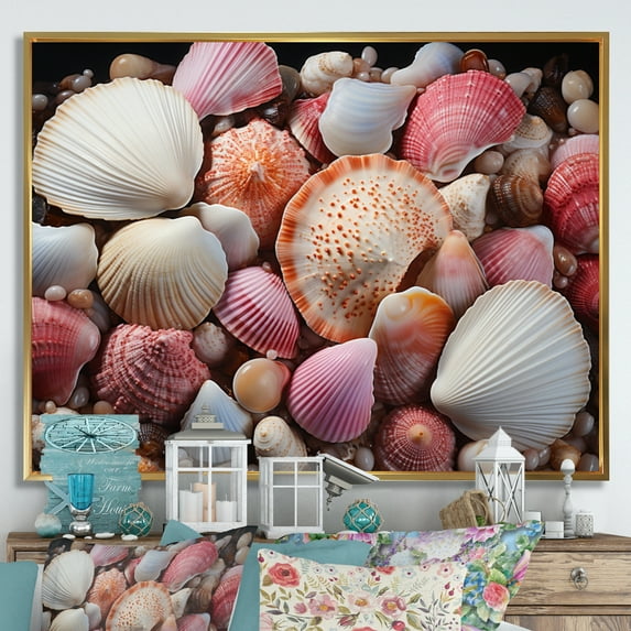 Designart "Pink White Shells Seashore composition I" Animals Floater Framed Wall Art Print