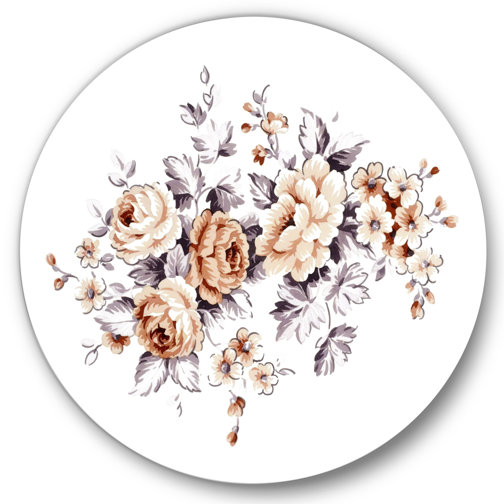 Designart 'Pink Wild Roses With Monochrome Leaves' Traditional Circle Metal Wall Art 11x11 - Disc of 11