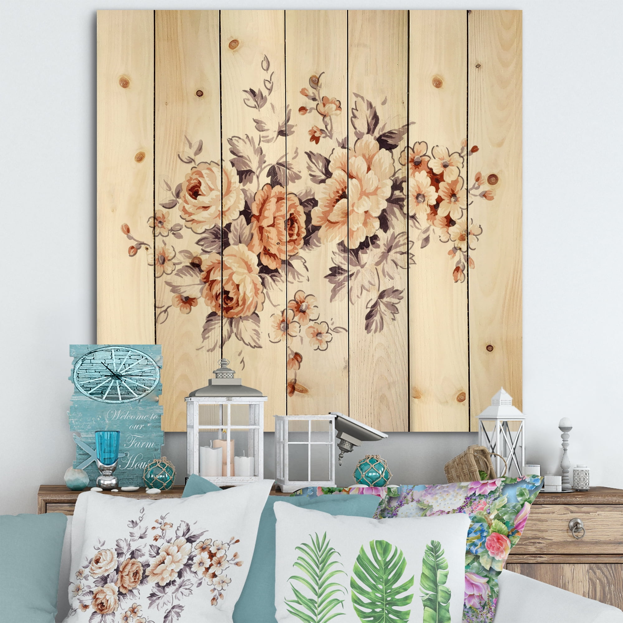 Designart 'Pink Wild Roses With Monochrome Leaves' Traditional Print on Natural Pine Wood