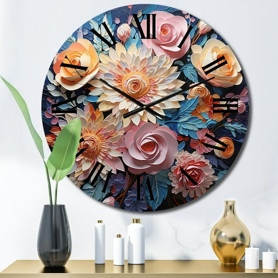 Designart "Pink Yellow Flowers composition" Floral Oversized Wall Clock
