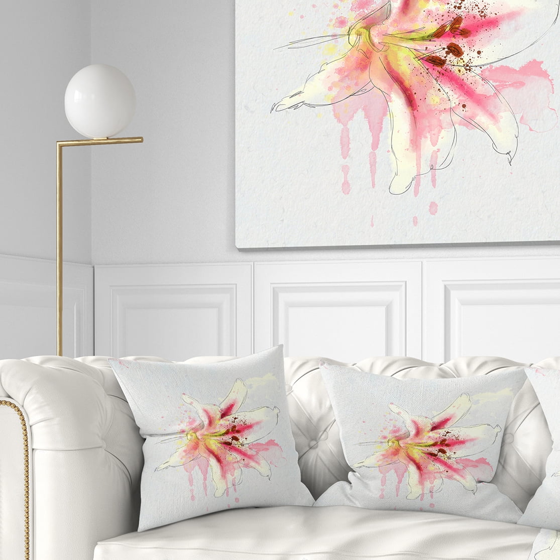 Designart Pink Yellow Lily Watercolor Sketch - Flowers Throw Pillowwork - 18x18
