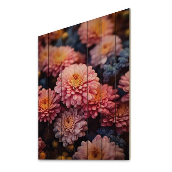 Designart "Pink Yellow Mums Blossoms Floral Medley" Floral Print on Natural Pine Wood