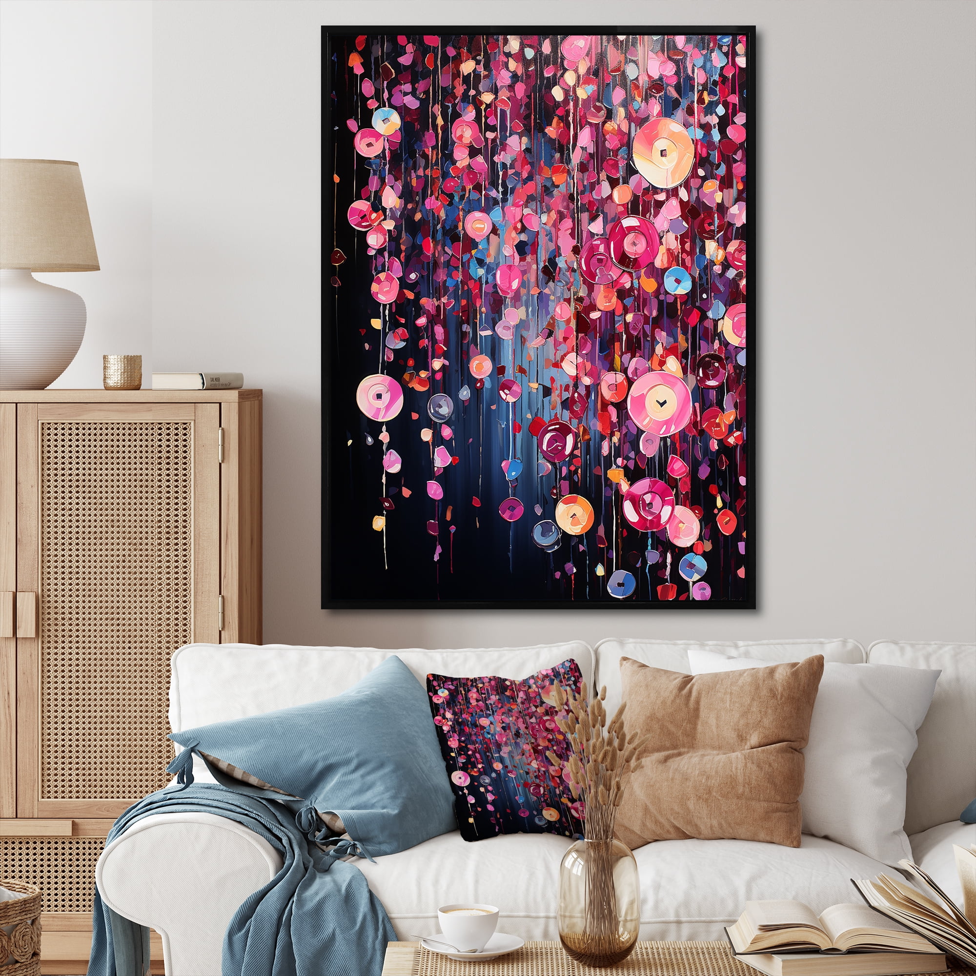Designart "Pink and Black Spring Flower Charm" Abstract Framed Wall Art