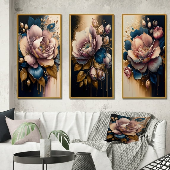 Designart "Pink and Blue Roses in Decadent Display I" Floral & Botanical Framed Wall Art Set Of 3 - Pink Rose Frame Canvas Set For Living Room Decor