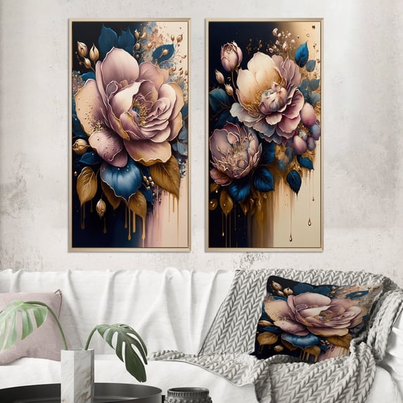 Designart "Pink and Blue Roses in Decadent Display I" Rose Framed Wall Art Set Of 2 - Pink Floral Frame Gallery Set For Office Decor