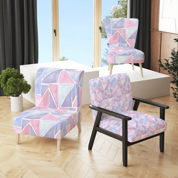 Designart "Pink and Blue Triangle Geometric" Upholstered Patterned Accent Chair and Arm Chair