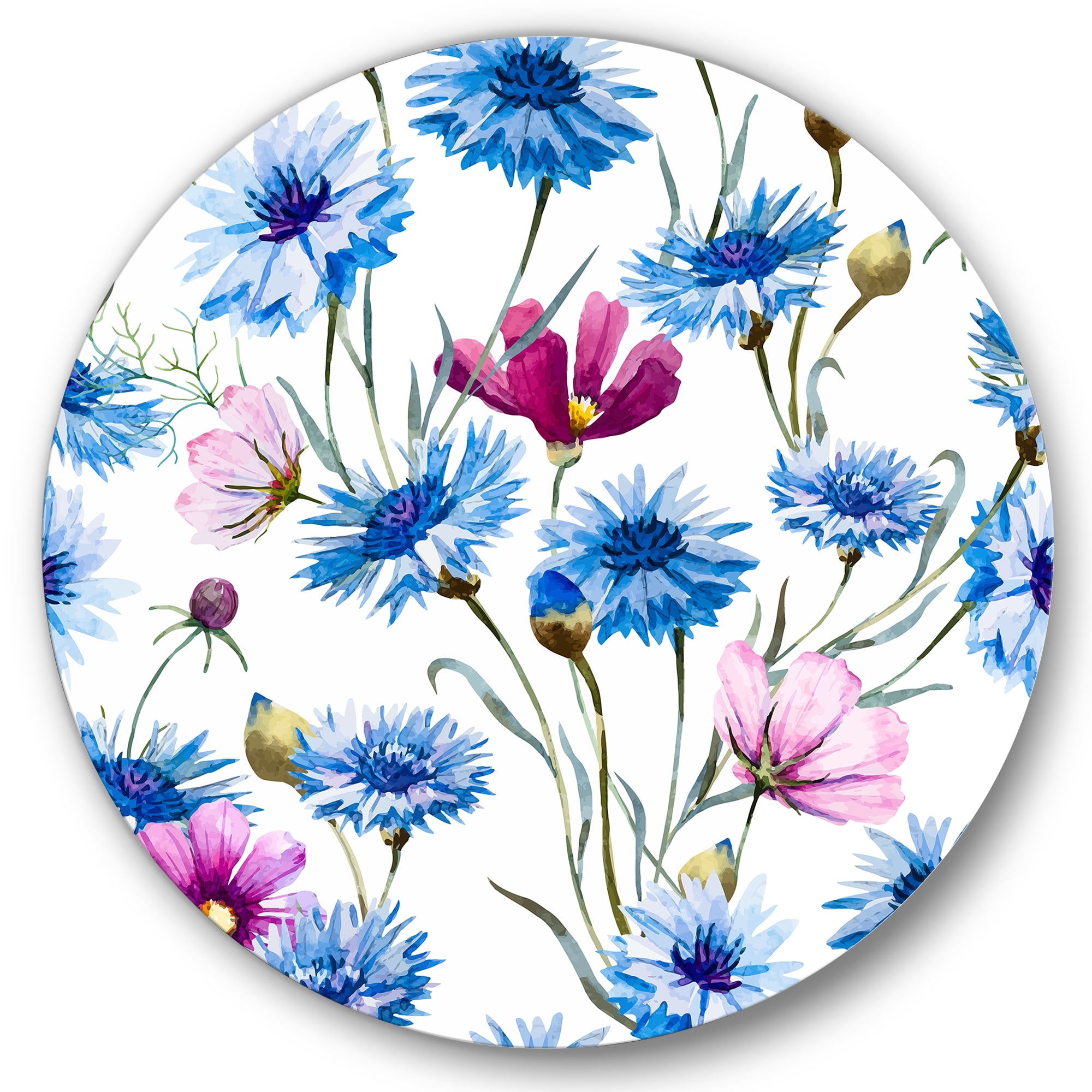 Designart 'Pink and Blue Wild Cornflowers' Traditional Circle Metal Wall Art 29x29 - Disc of 29
