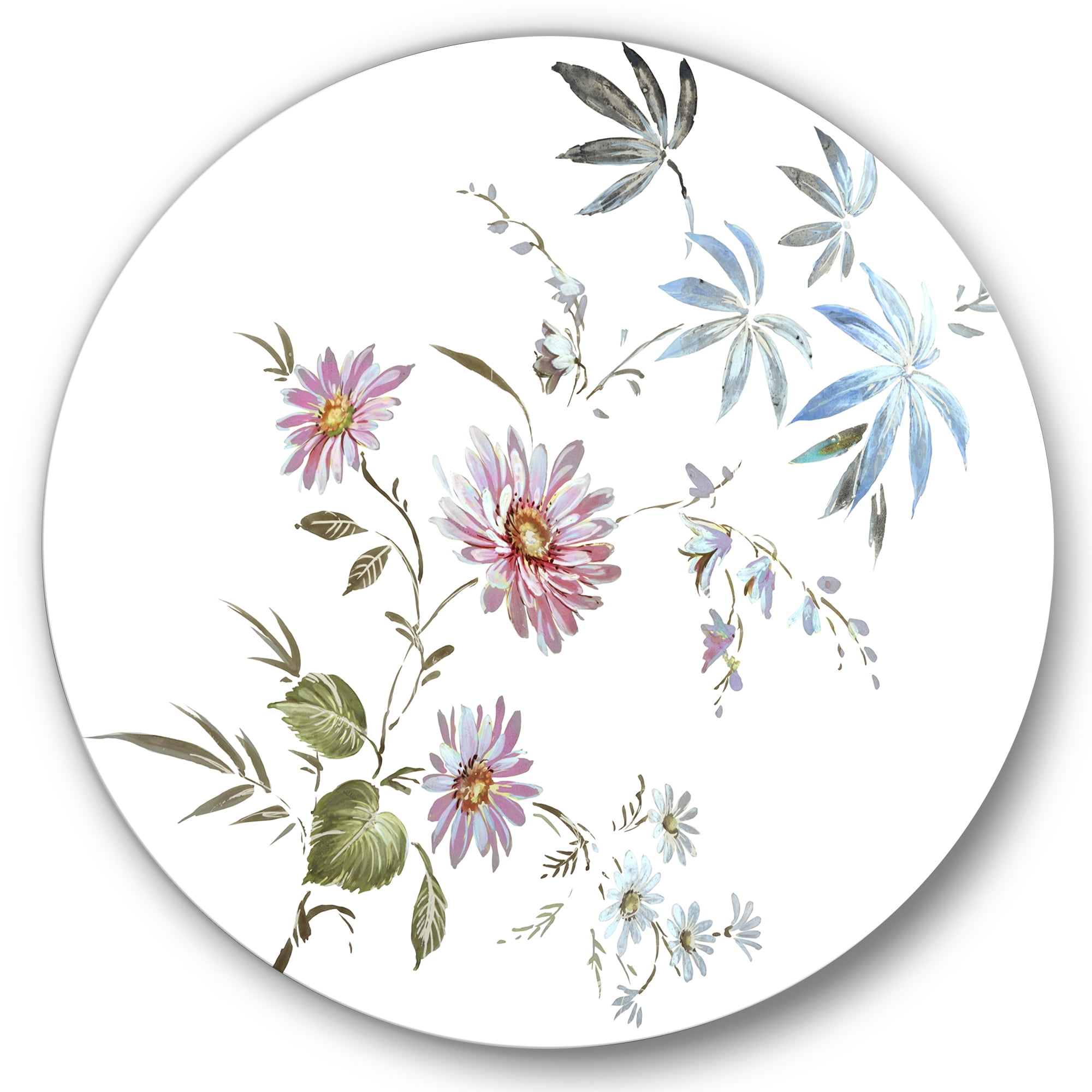 Designart 'Pink and Blue Wildflowers I' Traditional Circle Metal Wall Art 23x23 - Disc of 23