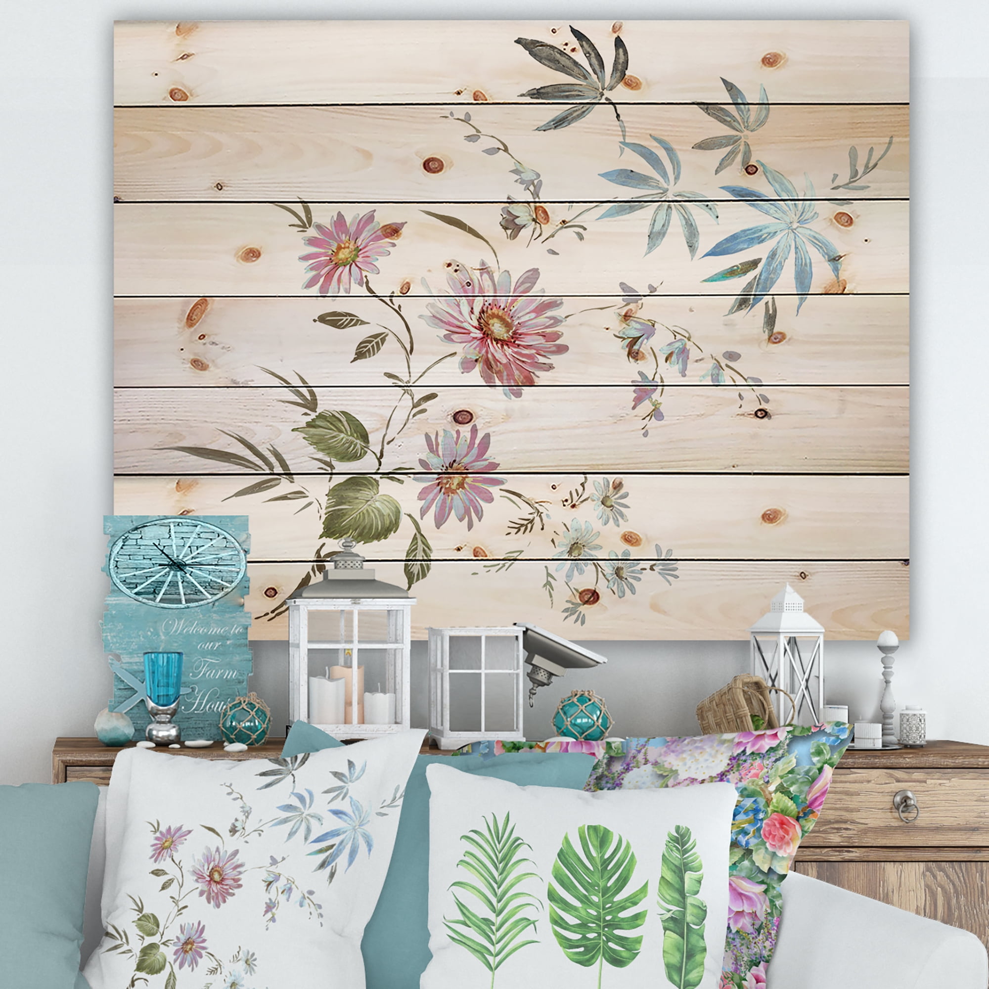 Designart 'Pink and Blue Wildflowers I' Traditional Print on Natural Pine Wood