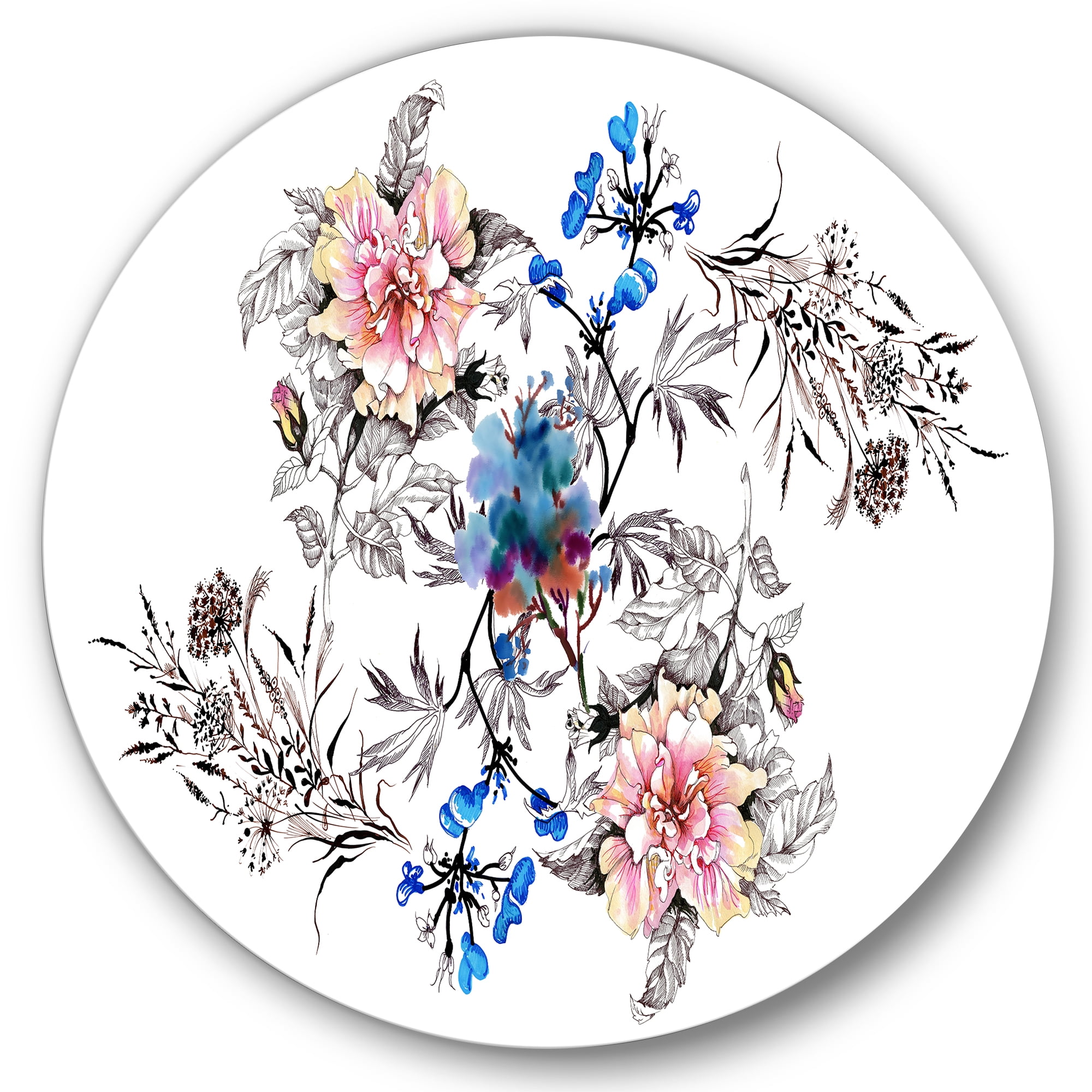 Designart 'Pink and Blue Wildflowers' Traditional Circle Metal Wall Art 29x29 - Disc of 29