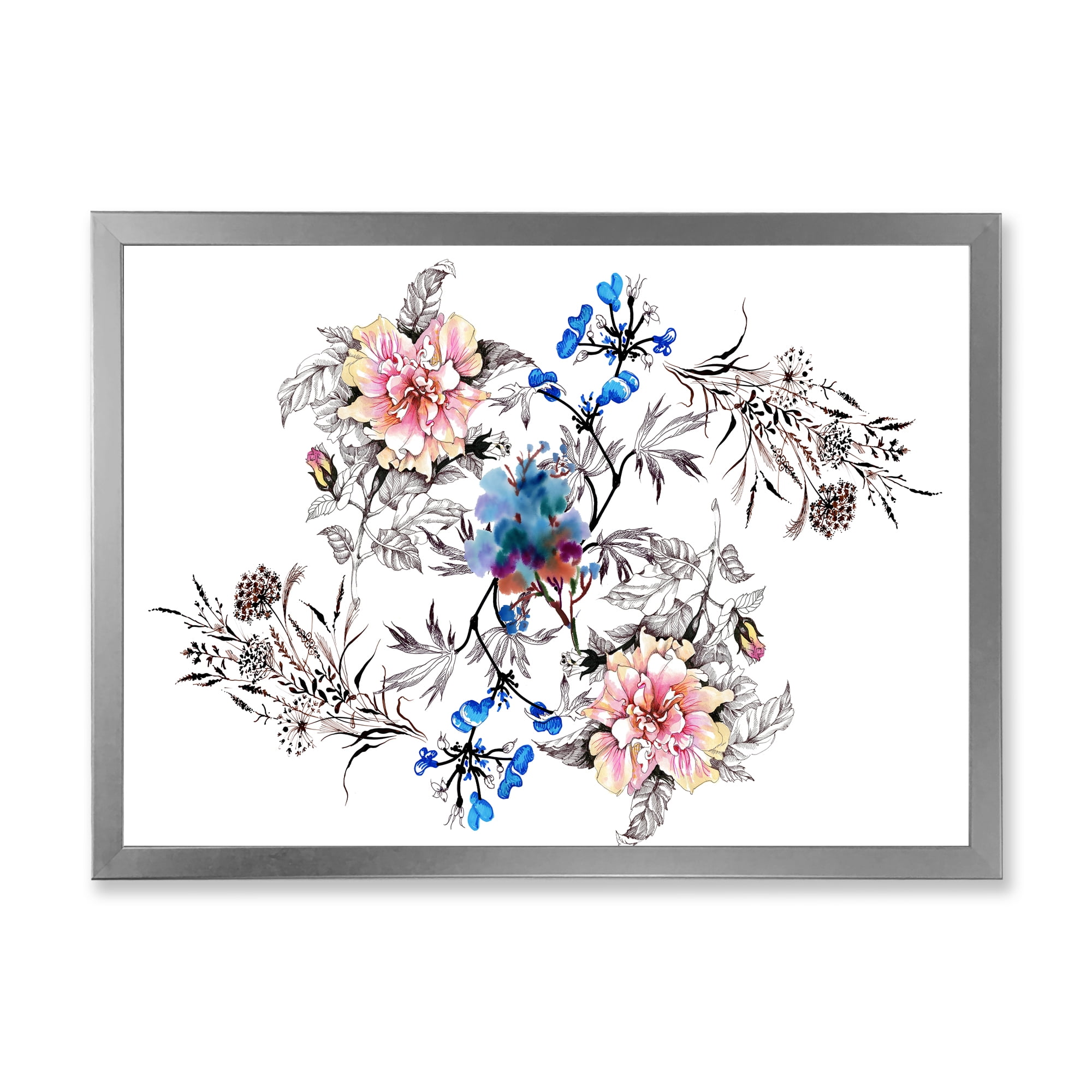 Designart 'Pink and Blue Wildflowers' Traditional Framed Art Print