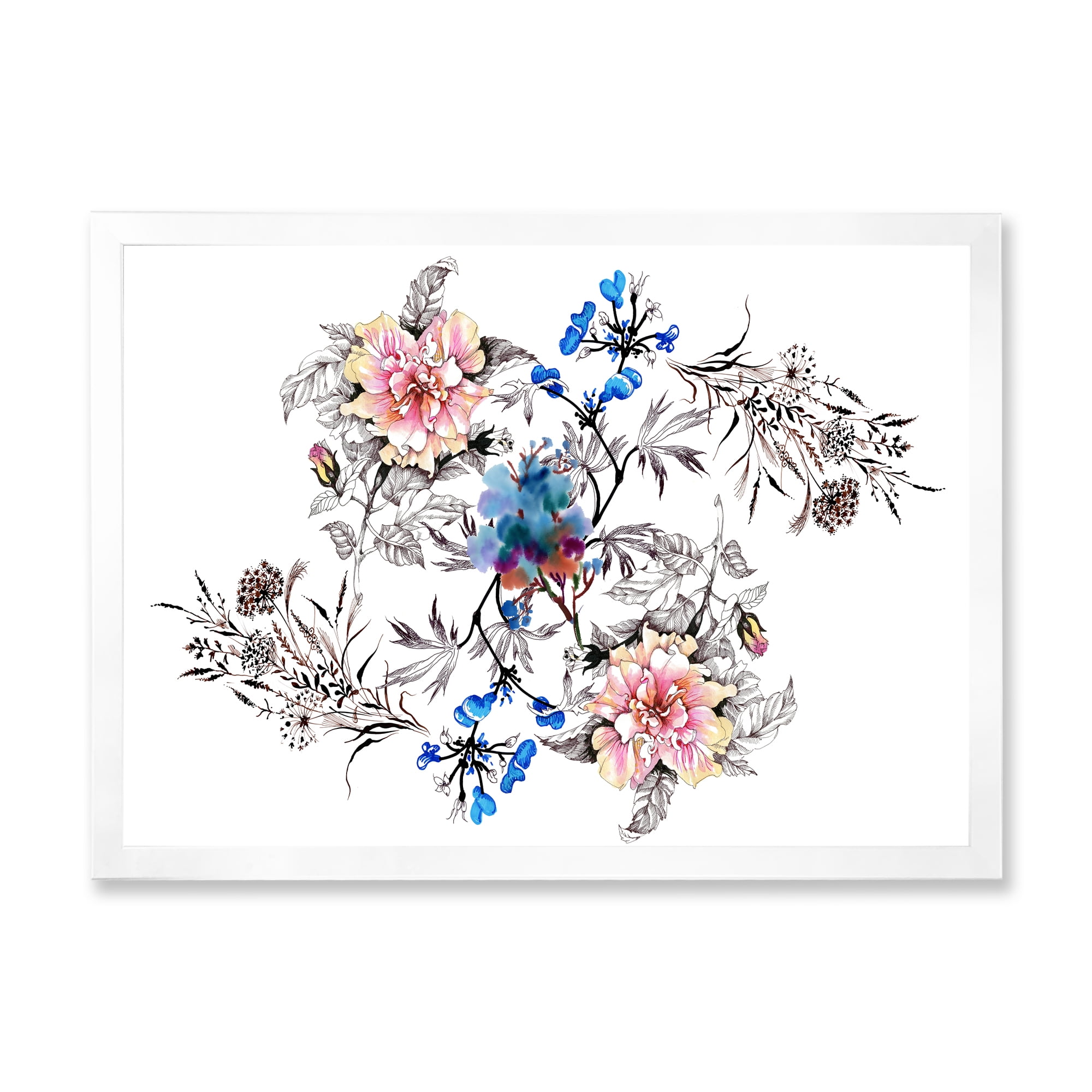 Designart 'Pink and Blue Wildflowers' Traditional Framed Art Print