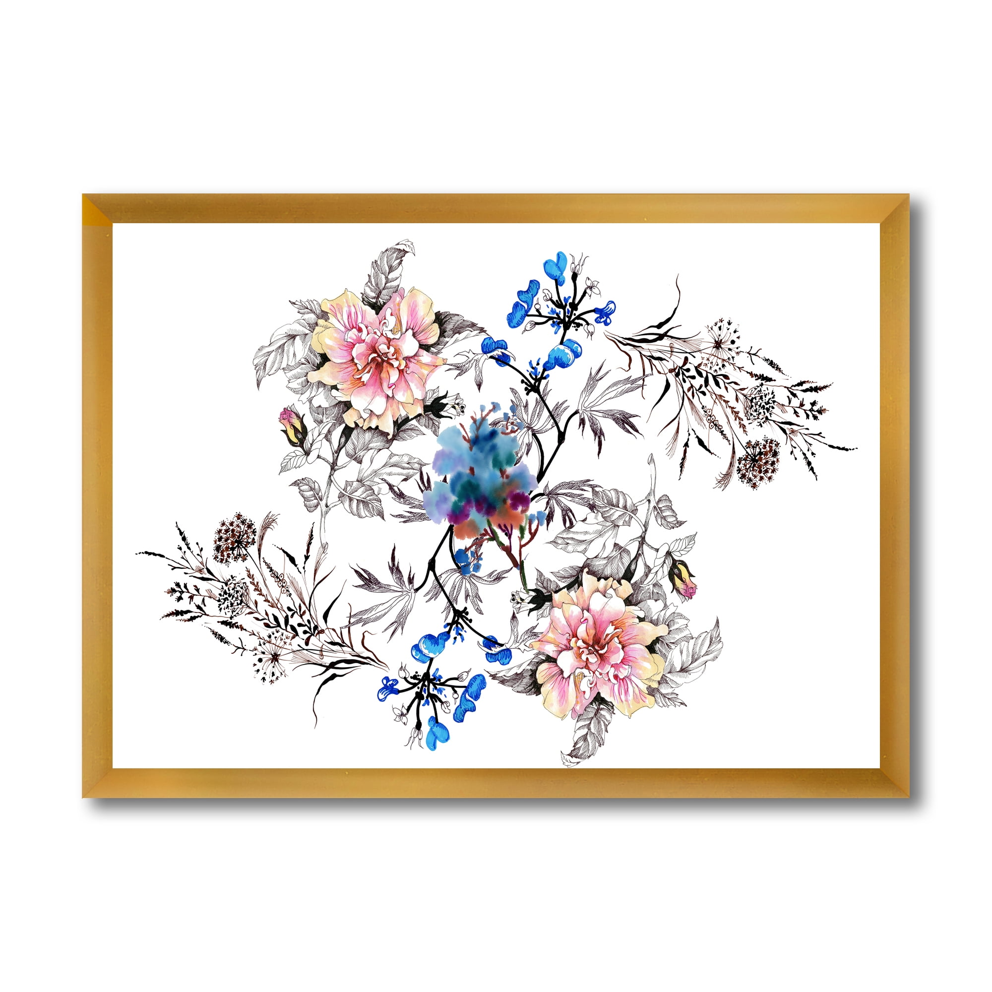 Designart 'Pink and Blue Wildflowers' Traditional Framed Art Print