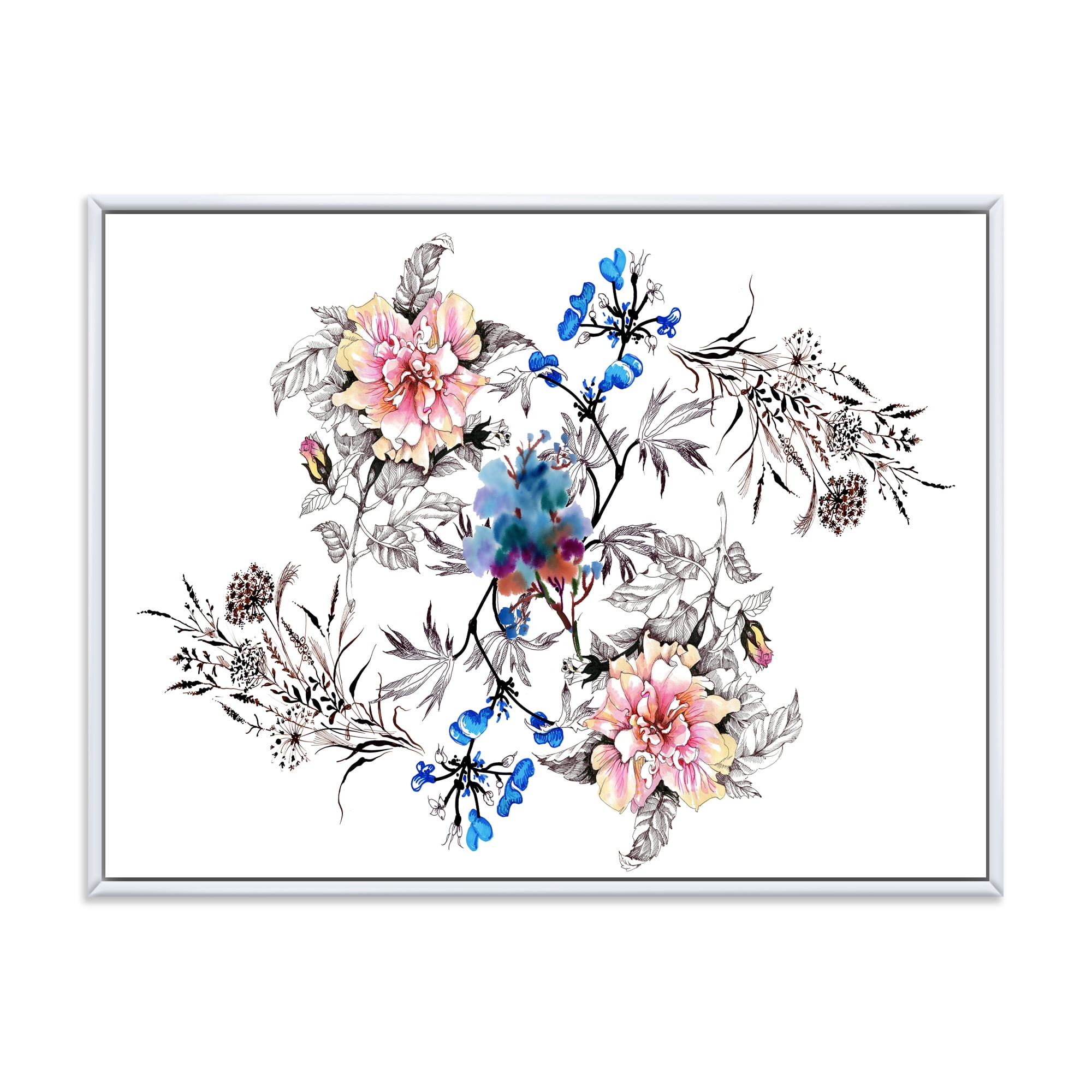 Designart 'Pink and Blue Wildflowers' Traditional Framed Canvas Wall Art Print