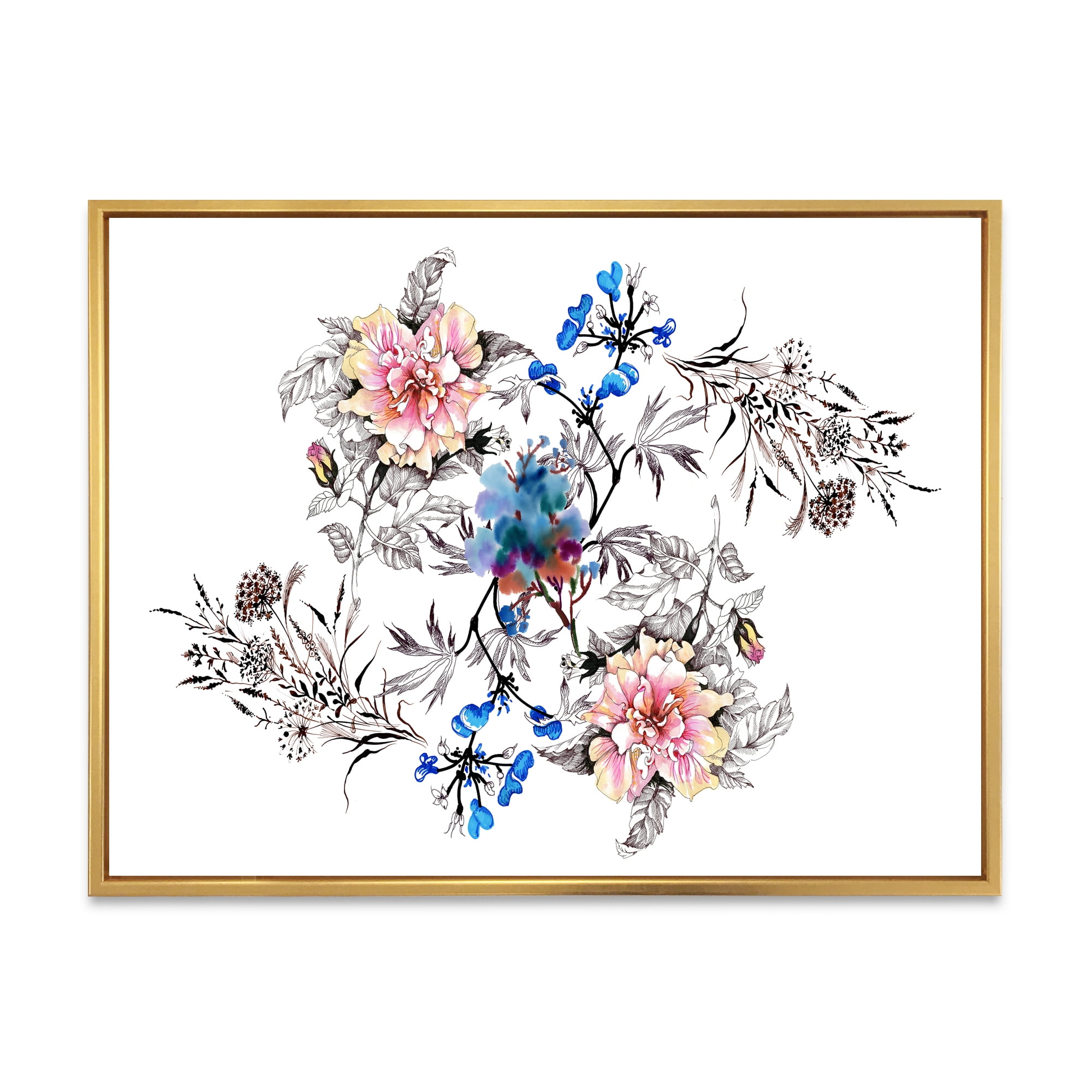 Designart 'Pink and Blue Wildflowers' Traditional Framed Canvas Wall Art Print