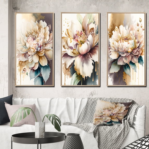 Designart "Pink and Cream Watercolor Floral I" Floral & Botanical Framed Wall Art Set Of 3 - Pink Floral Frame Canvas Set For Living Room Decor