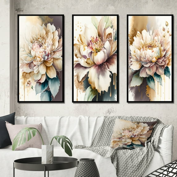 Designart "Pink and Cream Watercolor Floral I" Floral & Botanical Framed Wall Art Set Of 3 - Pink Floral Frame Canvas Set For Living Room Decor