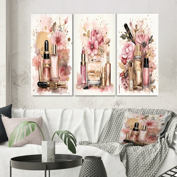 Designart "Pink and Gold Boho Chic Beauty Make-up IV" Toiletries Wall Art Set Of 3 - Glam Pink Gallery Set For Office Decor