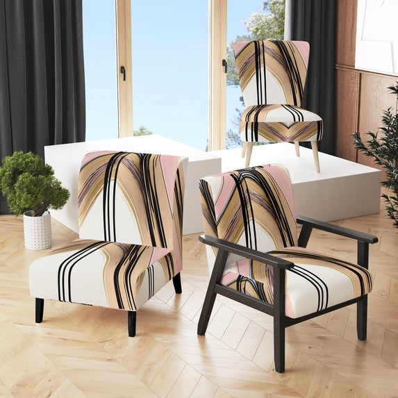Designart "Pink and Gold Cubic Minimalism V" Gold Abstract Cubism Upholstered Accent Chair - Modern Arm Chair For Bedroom
